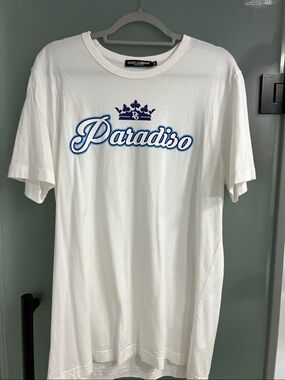 Dolce & Gabbana White T-Shirt with Blue 'Paradiso' Script and Crown